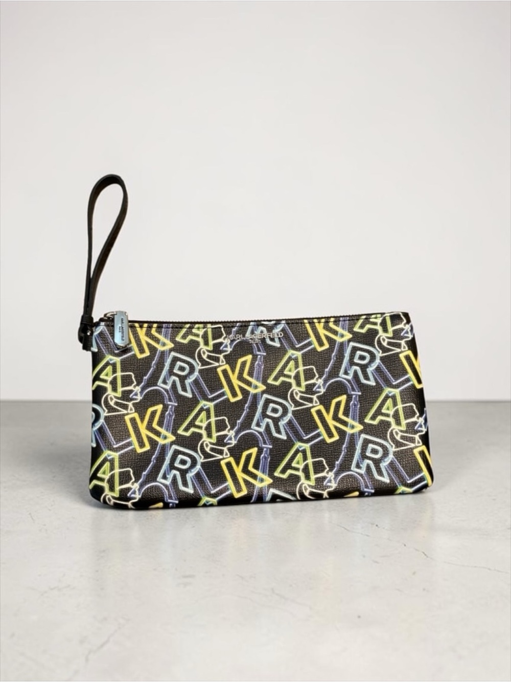 Karl Lagerfeld NWOT Black Leather Graphic Neon-Accent Wristlet